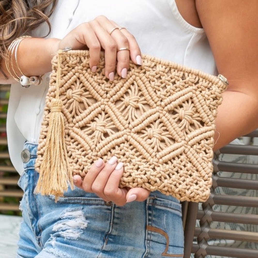 Macrame Tassel Clutch - Khaki - Picture 2 of 6